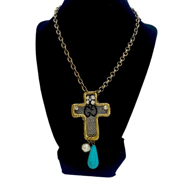 Luxury Logo Upcycled Canvas Bag Necklace with Vintage Cross Necklace W/ Pearl - Picture 16 of 17